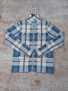 Plaid Print Front Zip Jacket Womens XS Blue Cotaggecore